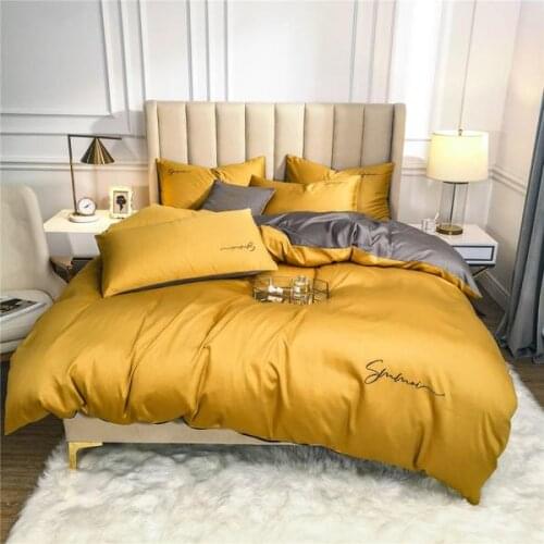 Yellow Egyptian Cotton Bedding sets Queen King size Embroidery Bed Duvet cover Bed sheets/fitted sheet linen set hotel bed set
