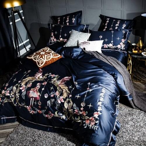 Luxury Embroidered 120S Egyeptian cotton Royal Bedding sets Blue Queen King Wedding Duvet cover Bed sheet set Pillowcase 4/6pcs