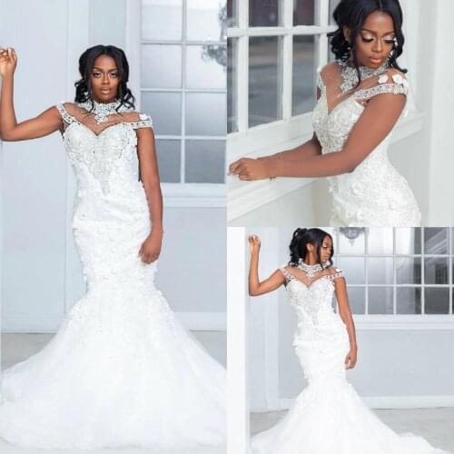 Mermaid Wedding Dresses Crystal Beaded Lace 3D Floral Appliqued Plus Size Wedding Dress High Neck Custom Made Robes De Mariée