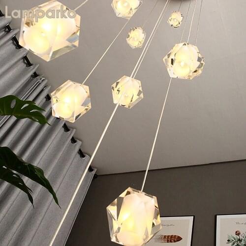 Modern Chandelier Lighting LED G4 Nordic Clear Square Crystal Pendant Lamp Art Deco Light Fixture Villa Loft Staircase Bedside