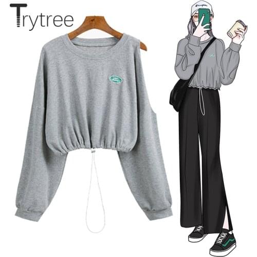Trytree Spring Autumn Casual Womens Sweatshirts Hollow Out Drop-shoulder Cotton Blend T-shirt Streetwear Drawstring Short Tops