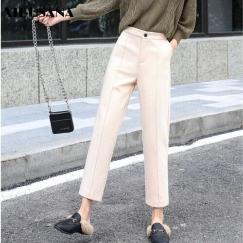XIBUSANA 2020 Winter New Woolen Thickened Harem Pants Women Casual Solid Color Elastic High Waist Straight Loose Female Trousers
