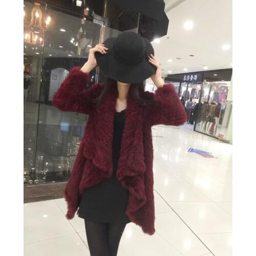 Genuine real natural knitted rabbit fur coat women fashion knit fur jacket female winter jacket outwear