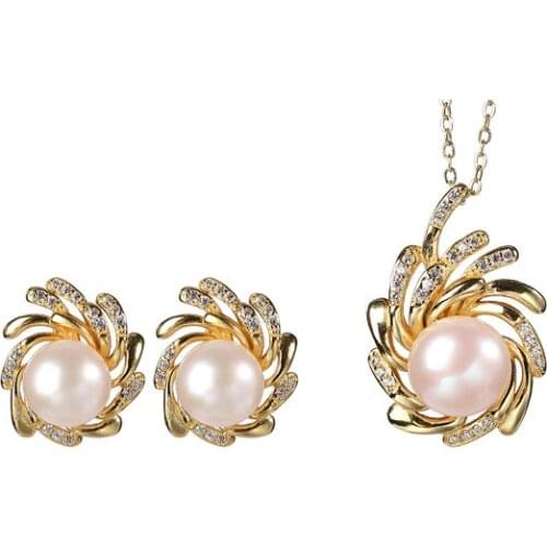 S925 sterling silver gold plated natural freshwater pearl ear studs personality windmill ladies' pendant earring set