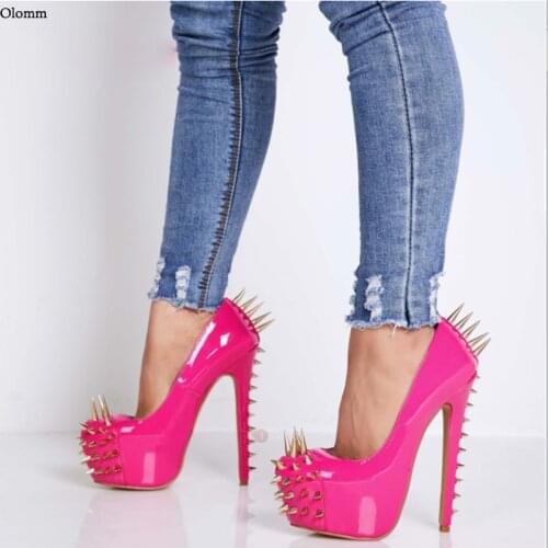 Olomm 2021 Handmade Women Pumps Sexy Rivets Stiletto Heels Pumps Round Toe Gorgeous 5 Colors Club Wear Shoes Women US Size 5-20