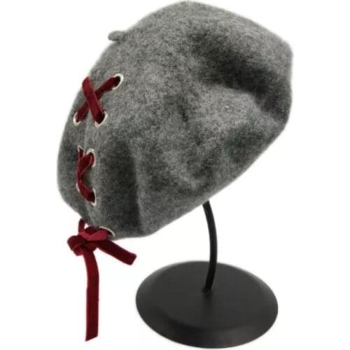 Womens wool beret cap with shoelace New Girls Women Lace Decorative Beret cap Hip Hop Artist cap