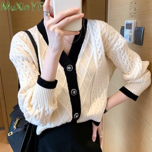 Womens Vintage Patchwork Autumn Winter Sweater Coats 2021 New Casual Cardigan Lady Black Outerwear Korean Knitted Tops Female