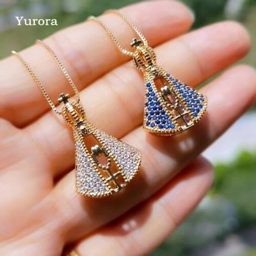 Unique Design Double Side Pendant Necklaces For Women Blue Gold Color Cross Virgin Mary Religion Zircon aesthetic Necklace 2021