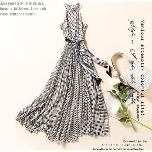 Polka dot print New Halter panel sleeveless sexy dress fashion big swing belt irregular long summer