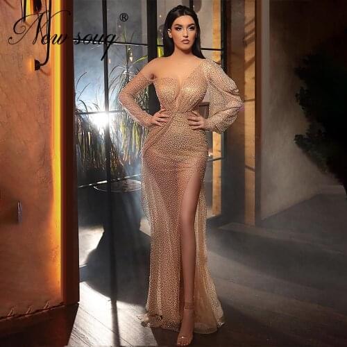 Mermaid High Split Side Evening Dresses Haute Couture 2021 Long Sleeves Arabic Prom Dresses See Through Women Party Night Gowns