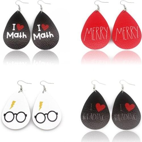 2Paris Teardrop I Love Math Peading Glasses PU Leather printing pendant Earrings Leaf Petal Drop Earrings Gift For Women Girls