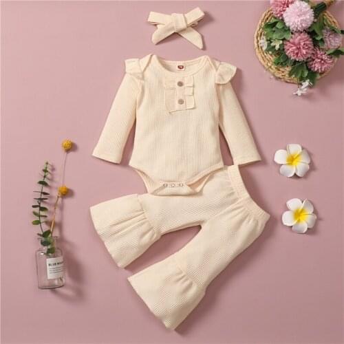 Fashion Baby Girls 3Pcs Partywear Outfits Ruffle Romper Flare Long Headband Child Girl Newborn Sets