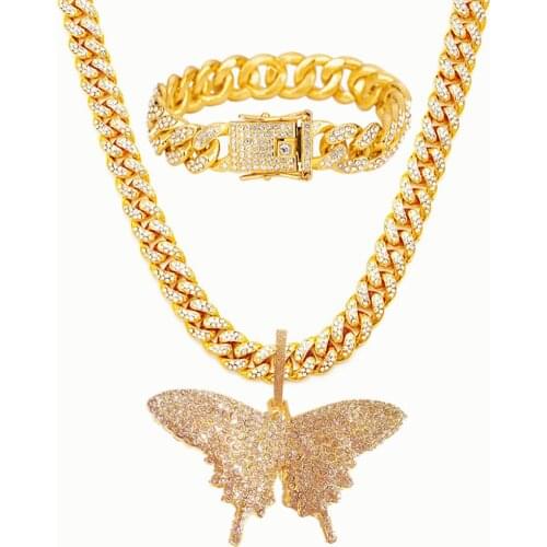 Big Size Butterfly Pendants Charm bracelet 12mm Miami Curb Cuban Chain Hip Hop Necklace Rapper Men Women Jewelry Big Gold Chain