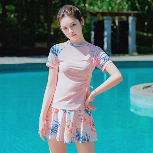 Two piece split skirt swimsuit with simple and fashionable cover cup for students' hot spring vacation swimwear bathe swimming s