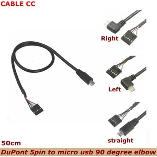 50cm Micro USB male to 5-pin female USB connector PCB motherboard cable DuPont 2.54 5pin to 90 degrees Micro USB baffle cable