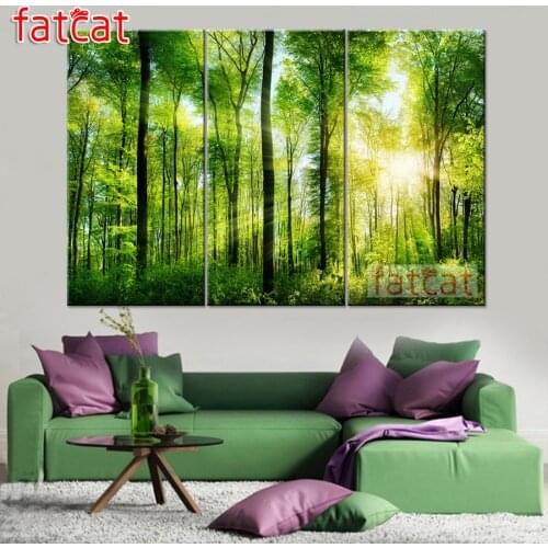 FATCAT Green forest landscape Large triptych 5D Diy Diamond Painting full mosaic diamond Embroidery Sale home decoration AE2746