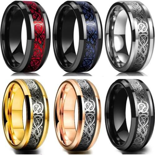 8 Color 8mm Mens Stainless Steel Dragon Ring Inlaid with Red Green Black Carbon Fiber Ring Fashion Wedding Ring Jewelry