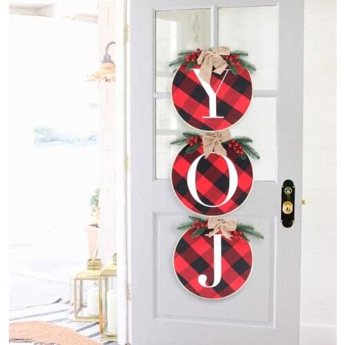 Christmas Decoration Joy Sign Buffalo Plaid Cover Wooden Hanging Christmas Decorations for Home Xmas Hanging Ornament Navidad
