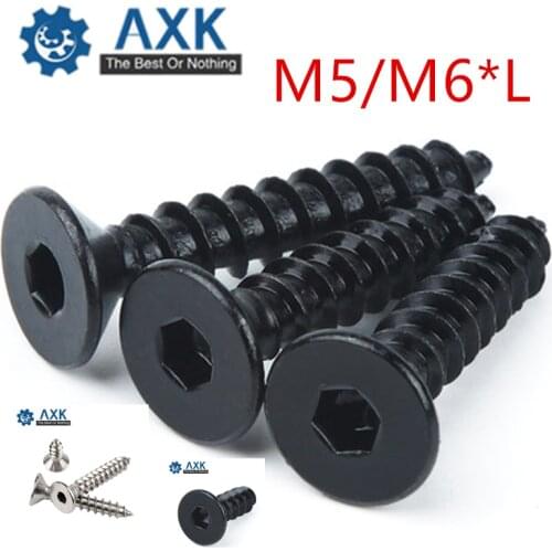 50pcs M5/M6*L A2-70 Stainless Steel 304/Black Plated 8.8 Grade Countersunk Head Hex Socket Self Tapping Screw Flat Head Screws