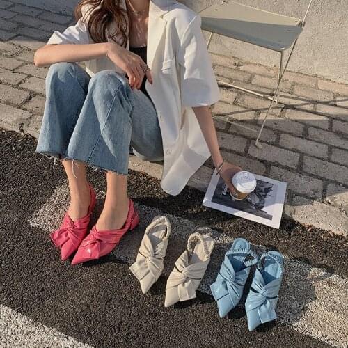 Pointed Toe Women Sandals Bow Candy Color Thick Mid Heels Flat Heeled Elastic Band Back Strap Fashion Slides Summer Dress Shoes