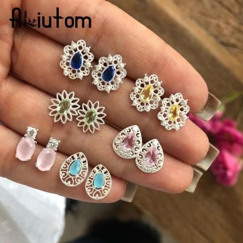 ALIUTOM 6 Pairs/Set Small Flower Crystal Stud Earring Set for Woman Daily Jewelry Water Drop midi color Earrings