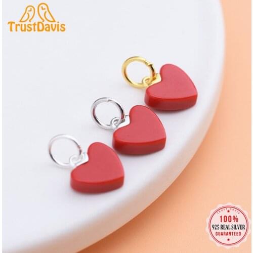 TrustDavis Fashion S925 Sterling Silver Sweet Romantic Red Heart Charms For Bracelet Or Necklace DIY Accessories Jewelry HY032