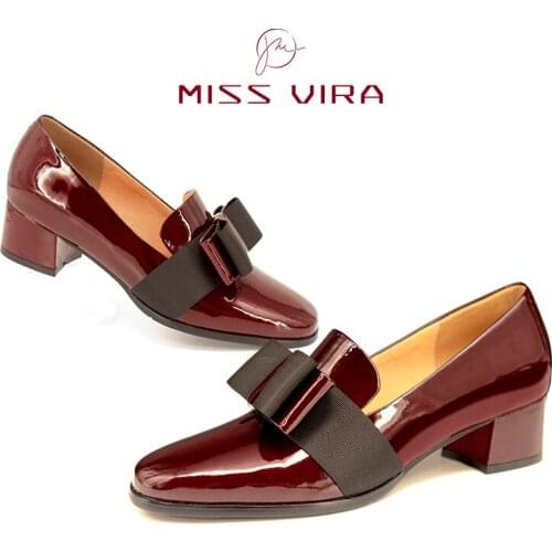 MISS VIRA Pumps Women Loafers Mid Heels Genuine Leather Square Toe Loafers Party Shoes For Women Office Shoes