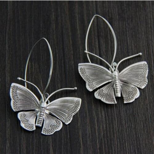Solid S925 Sterling Silver Earrings Women Gift Luck Butterfly Dangle Earrings 43x30mm 11g