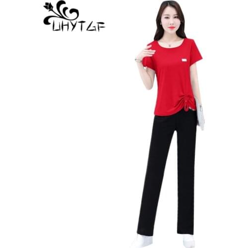UHYTGF Korean plus size tracksuit women fashion short sleeve pullover t-shirt top summer two piece set casual women clothes 1184