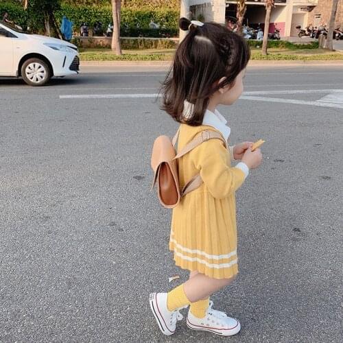 Girls Knitting Dresses 2020 Spring Fall Academic Style Childrens Pleated Dress Baby Kids Princess Dress One Piece Clothes X519