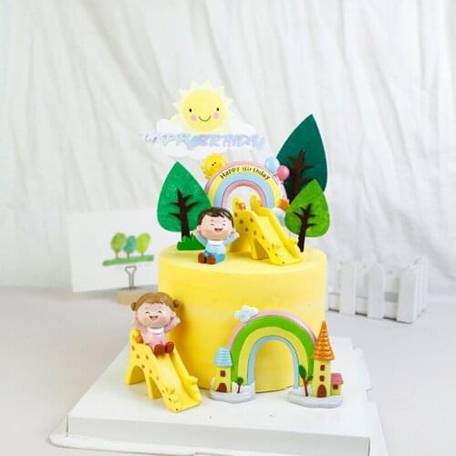 Clide Castle Boy Girl Kids Cake Topper Happy Birthday Cupcake Sun Trees Party Dessert Decoration Baby Shower Baking Supplies
