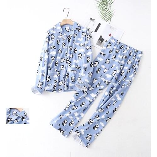 Cartoon Pajamas Set Women Cute Panda Cotton Pyjama V-Neck Long Shirt Pants 2Piece/Set 2020 Spring Pyjamas Homewear