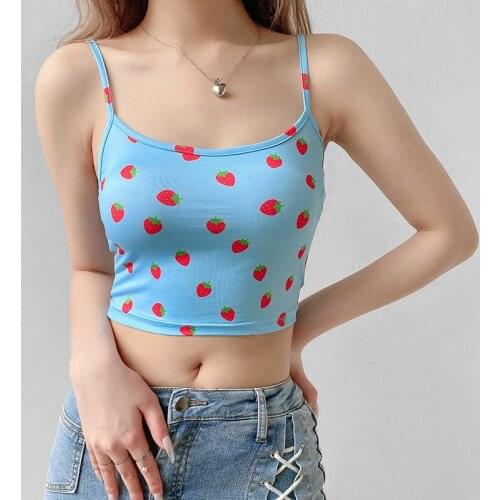 2020 New Women Strawberry Print Tank Top Sleeveless Camis Casual Crop Tops Summer Vest Ladies Short Shirts