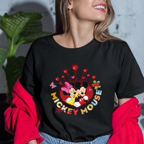 Mickey And Minnie Mouse Pattern Women T-shirts Disney Summer New Kawaii T Shirts Dropship Short Sleeve Korean Style Black White