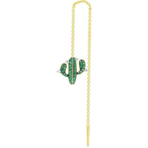 SLJELY 925 Sterling Silver Yellow Gold Color Cactus Long Earring with Dropping Chain Green Zircon Ear Line Women Fine Jewelry