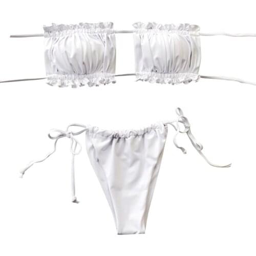 Women Sexy 2pcs Bikini Set Strapless Hollow Out Ruched Bandage Bathing Swimsuit Dropship