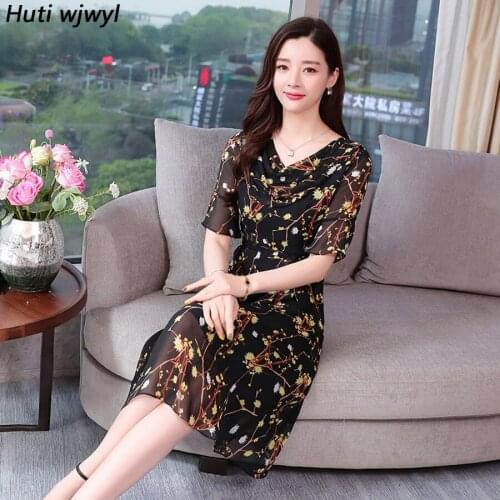 2021 Korean Floral Chiffon Boho Midi Dresses Summer Vintage Plus Size Print Beach Sundress Elegant Women Bodycon Party Vestidos
