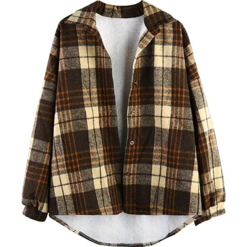 Winter Fashion Womens Shirt Coat New Casual Turn-Down Collar Button Ladies Stitching Plaid Cashmere Women Autumn Loose Jacket