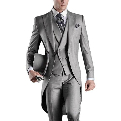 2020 Newest Grey Men Long Tailcoat Mans Suits for Wedding Groomsmen Slim Suits Groom Suit Three pieces Suit(Jacket+Pants+Vest)