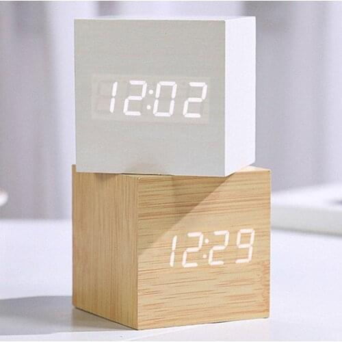 LED Wooden Digital Alarm Clock Wood Retro Glow Clock Desktop Table Decor Voice Control Snooze Function Desk Tools Cube Art Clock