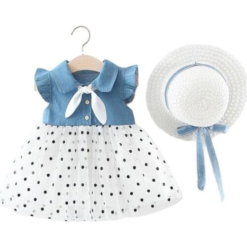 Kids Dresses Baby Girls 2021 Summer New Solid Color Bowknot Denim Stitching Polka Dot Mesh Dress with Hat Beach Dress 0-3y
