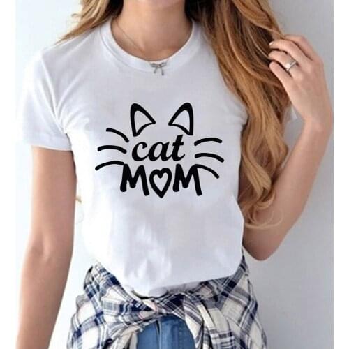 Cotton T-shirt with Cat Print for Women Fun Casual T-shirt Women Tshirt Hipster Direct Shipping Cat Mom T Shirt Korean Top