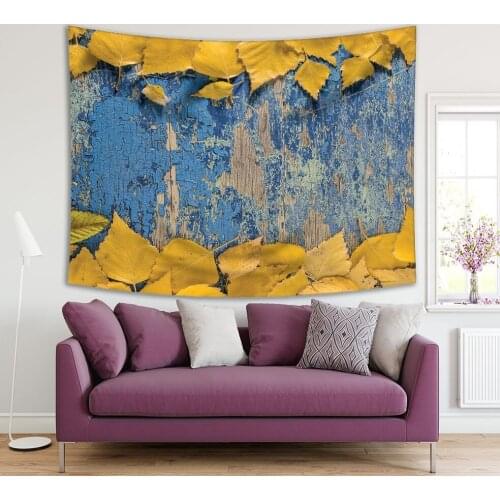 Tapestry Autumn Leaves on Wooden Table Aged Look Rural Natural Rustic Concept Photo Printed Blue Yellow