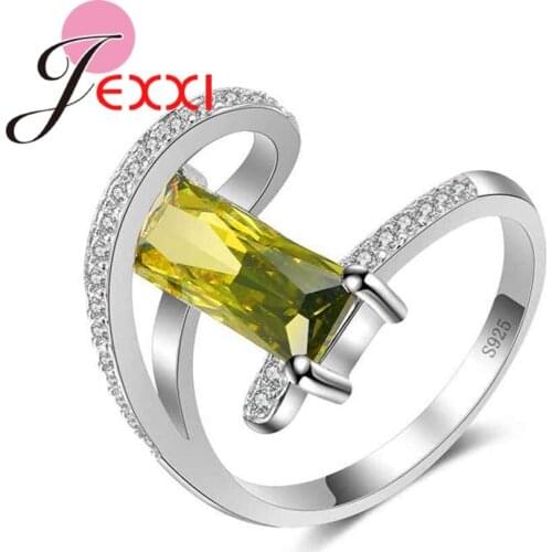 Novel Rectangle Olive Green CZ Crystal Finger Rings 925 Sterling Silver Jewelry for Women Girls Christmas Gift Bague