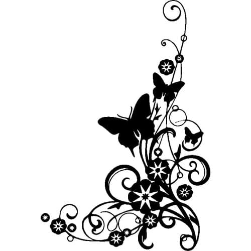 Creative Car Stickers Butterflies and Flowers Swirly Bottom Right Corner Elegant Vinyl Decal Black/Silver,18cm*13cm