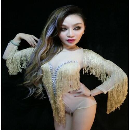 Fashion Sexy Mesh Gold Tassel Bodysuit Rhinestones Outfit Glisten Beads Costume One-piece Dance Wear Singer Stage Leotard