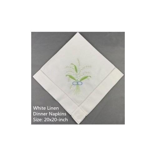 Set of 12 Fshion Handkerchiefs White linen Hemstitched Table Napkin 20x20-inch Ladder Embroidery Flower Dinner Napkins