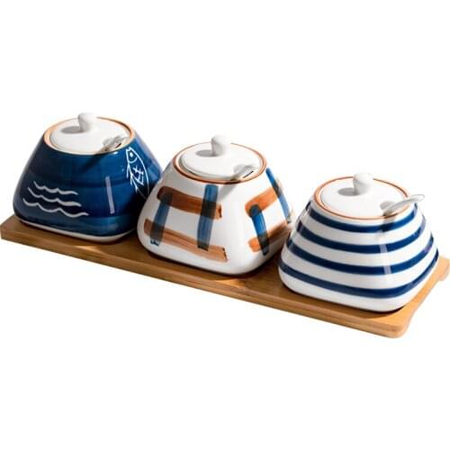 Ceramic Seasoning Pot Set Kitchen Household-Salt Shaker Japanese Style Condiment Bottles Seasoning Box Cruet 3 Pieces