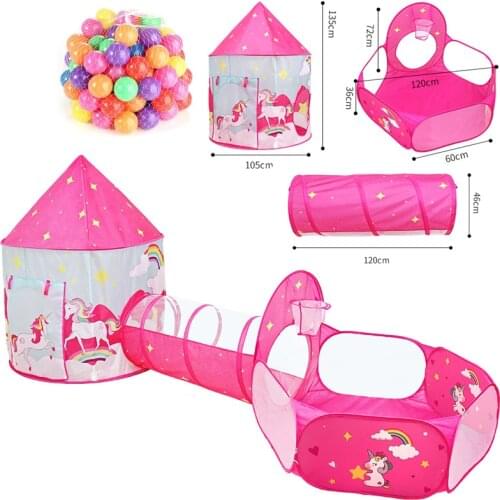 Portable Childrens Tent 3 In 1 Play Tent For Kids Three-Piece Unicorn Playhouse Ocean Ball Pool Toys Tunnel Tent For Girl