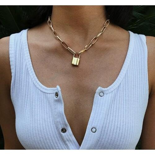 Punk Chain Golden/Silver Color With Lock Necklace For Women Men Padlock Pendant Necklace Statement Gothic Fashion Jewelry